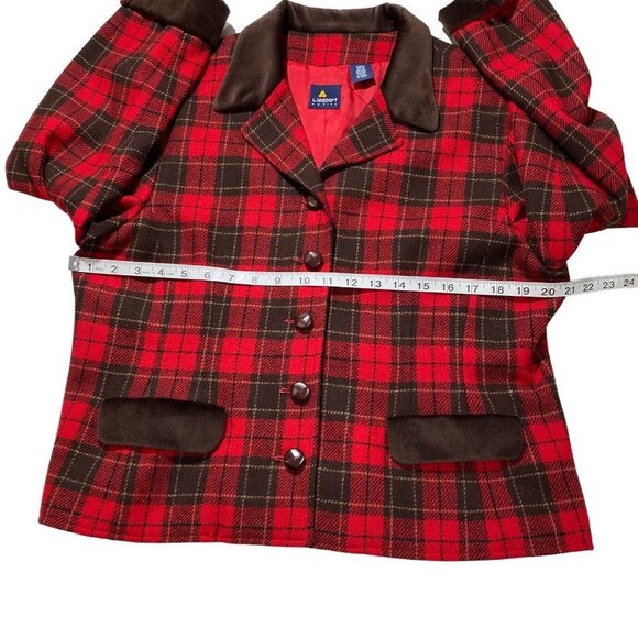 Liz Sport Red Black Plaid 5-Button Wool Blazer Sz 14P Brown Contrast Jacket EUC - Picture 11 of 13